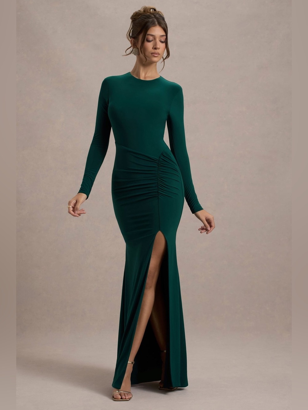 Club L London LESLIE Maxi Dress Size 8 Bottle Green Long-Sleeve Twisted Split